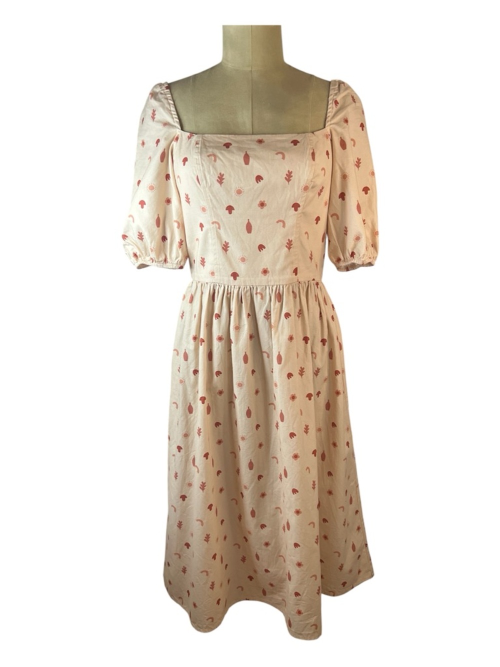 Wasi Clothing  Tradwife Midi  Dress inPeach  with Sienna Floral  Mushroom print